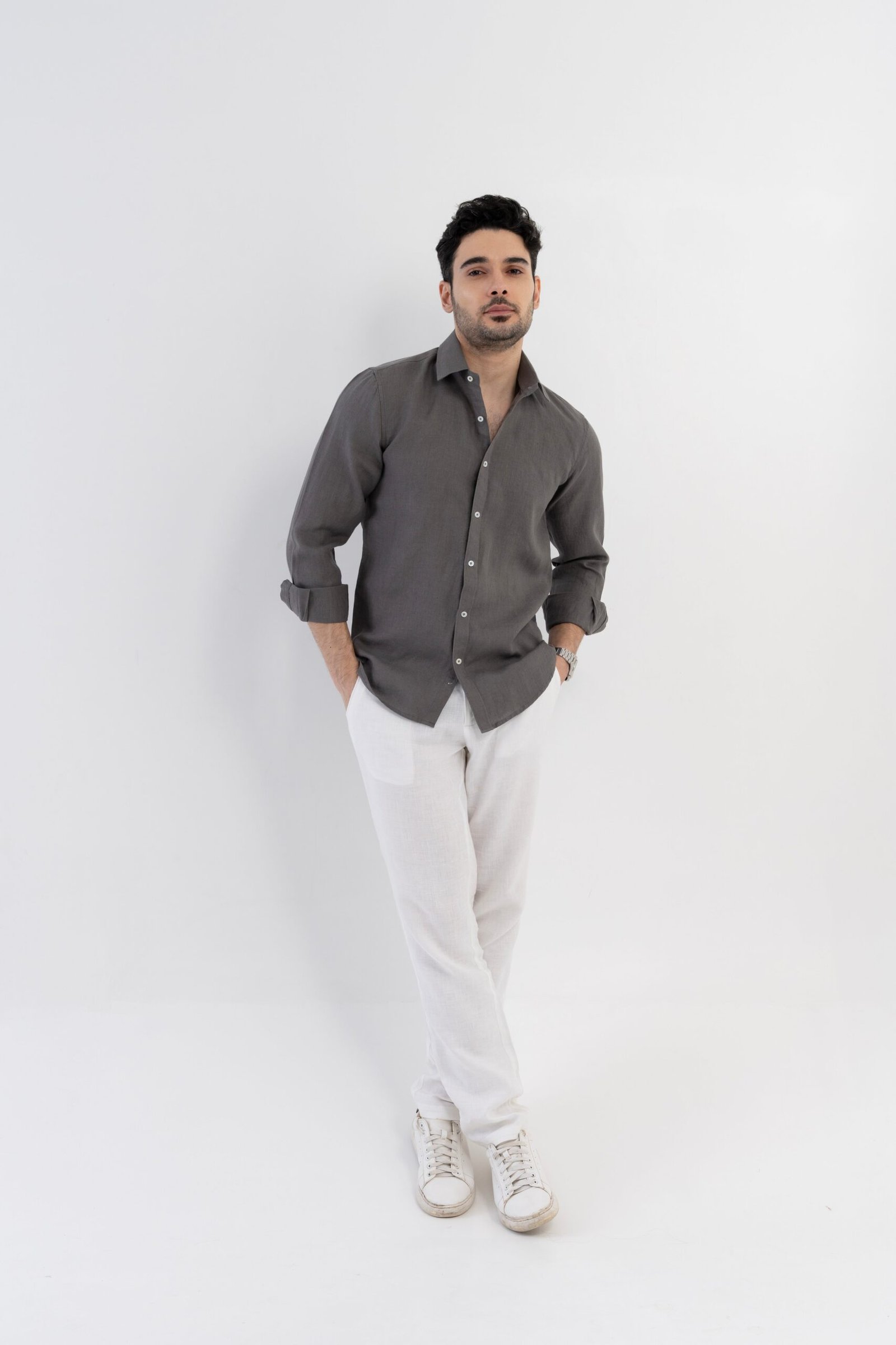 100% Linen Soft Touch Charcoal Grey Shirt - Image 5